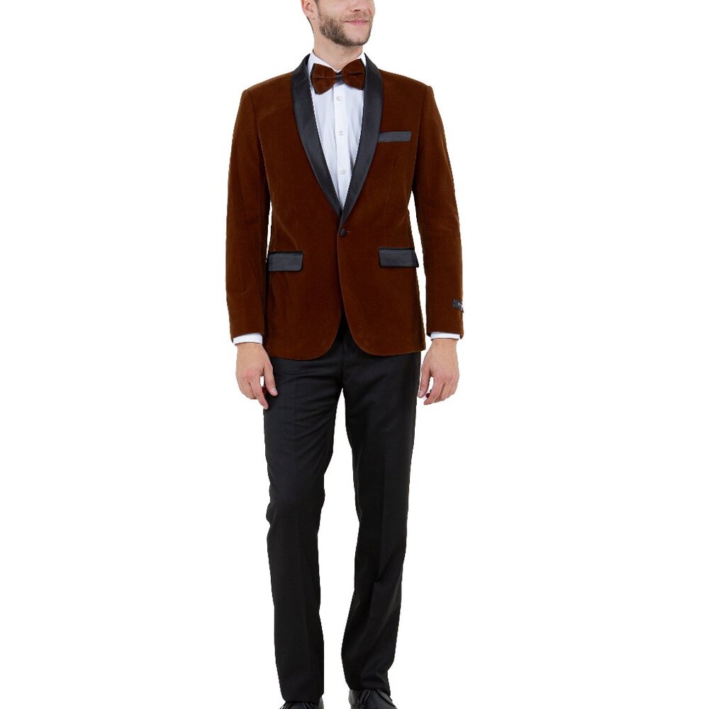 Camel Velvet Satin Shawl Collar Slim Fit Men's Jacket